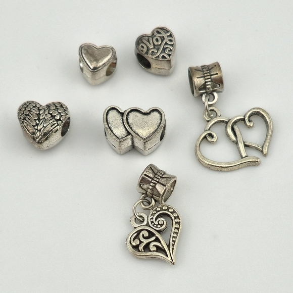 Silver Tone Heart Charm Lot Set of 7 Love Themed European Bracelet Beads - Picture 1 of 2